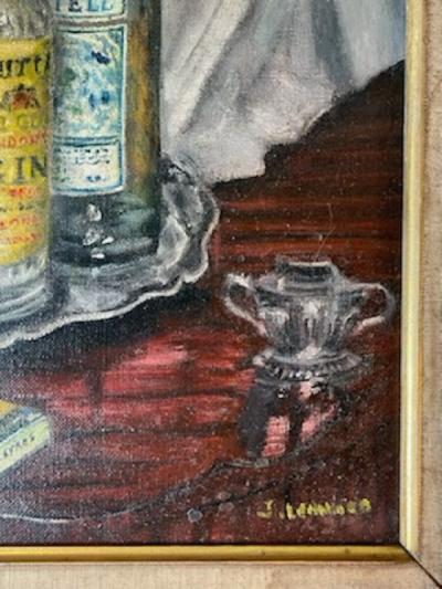 MID CENTURY LIQUOR BOTTLES ON SILVER PLATTER PAINTING