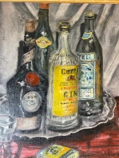 MID CENTURY LIQUOR BOTTLES ON SILVER PLATTER PAINTING