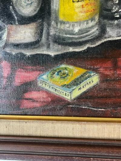 MID CENTURY LIQUOR BOTTLES ON SILVER PLATTER PAINTING