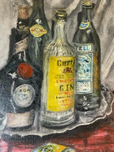 MID CENTURY LIQUOR BOTTLES ON SILVER PLATTER PAINTING