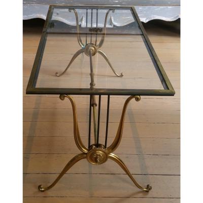 MID CENTURY LYRE DESIGN BRASS COFFEE TABLE WITH CLEAR GLASS TOP PAIR