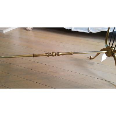 MID CENTURY LYRE DESIGN BRASS COFFEE TABLE WITH CLEAR GLASS TOP PAIR