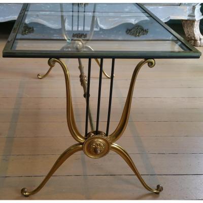 MID CENTURY LYRE DESIGN BRASS COFFEE TABLE WITH CLEAR GLASS TOP PAIR
