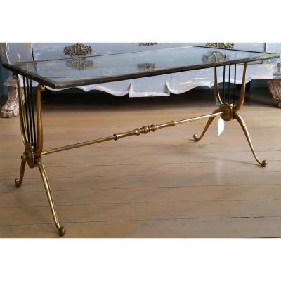 MID CENTURY LYRE DESIGN BRASS COFFEE TABLE WITH CLEAR GLASS TOP PAIR