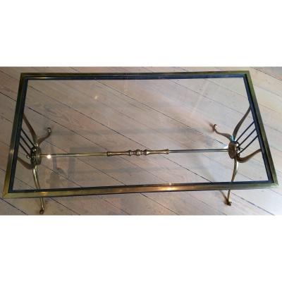 MID CENTURY LYRE DESIGN BRASS COFFEE TABLE WITH CLEAR GLASS TOP PAIR