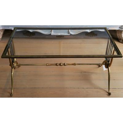 MID CENTURY LYRE DESIGN BRASS COFFEE TABLE WITH CLEAR GLASS TOP PAIR