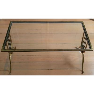 MID CENTURY LYRE DESIGN BRASS COFFEE TABLE WITH CLEAR GLASS TOP PAIR