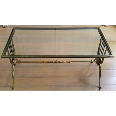 MID CENTURY LYRE DESIGN BRASS COFFEE TABLE WITH CLEAR GLASS TOP PAIR