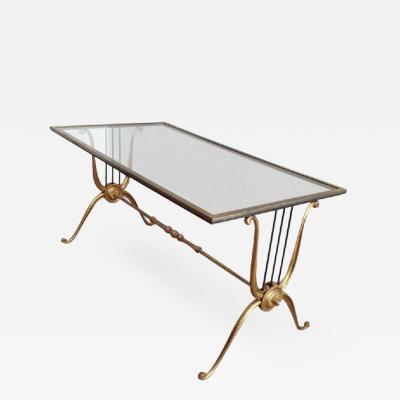 MID CENTURY LYRE DESIGN BRASS COFFEE TABLE WITH CLEAR GLASS TOP PAIR