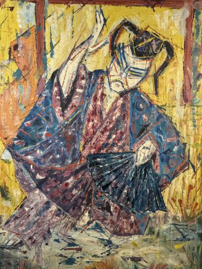 MID CENTURY MASTERFUL TITLED KABUKI DANCER PAINTING BY DORIS CASSERLY