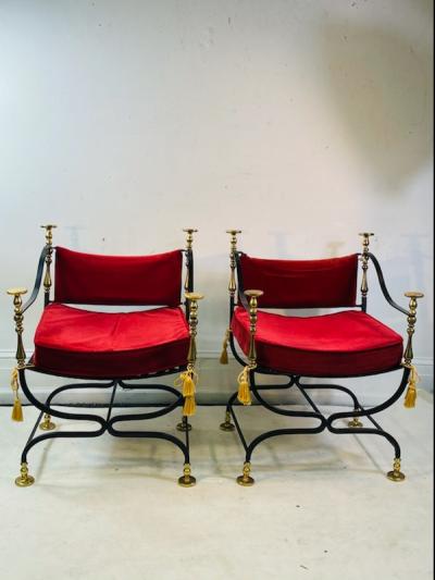 MID CENTURY MODERN ITALIAN PAIR OF BLACK IRON BRASS SAVONAROLA CHAIRS