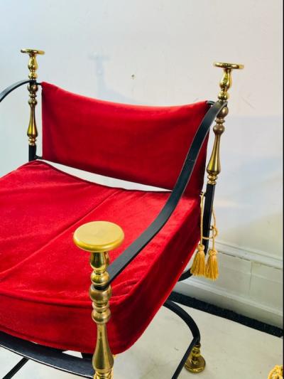 MID CENTURY MODERN ITALIAN PAIR OF BLACK IRON BRASS SAVONAROLA CHAIRS