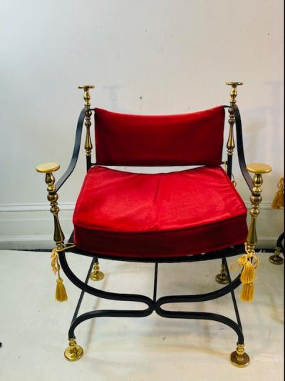 MID CENTURY MODERN ITALIAN PAIR OF BLACK IRON BRASS SAVONAROLA CHAIRS