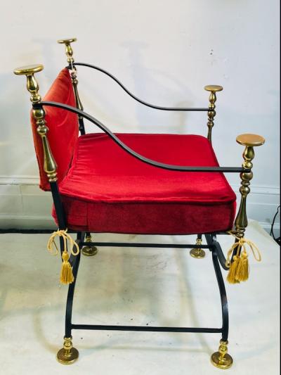 MID CENTURY MODERN ITALIAN PAIR OF BLACK IRON BRASS SAVONAROLA CHAIRS