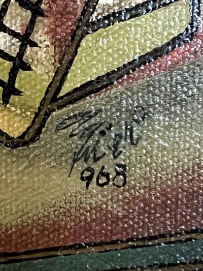 MID CENTURY MODERNIST RED BOY PAINTING WITH CATS AND BIRDS