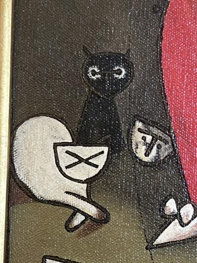 MID CENTURY MODERNIST RED BOY PAINTING WITH CATS AND BIRDS