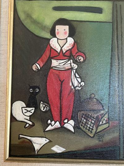 MID CENTURY MODERNIST RED BOY PAINTING WITH CATS AND BIRDS