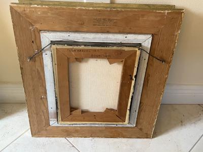 MID CENTURY MODERNIST RED BOY PAINTING WITH CATS AND BIRDS