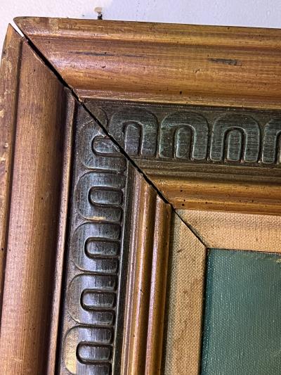 MID CENTURY MODERNIST TITLED GOLDEN EARRING BOAT SLIP PAINTING