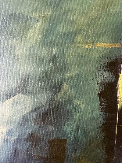 MID CENTURY MODERNIST TITLED GOLDEN EARRING BOAT SLIP PAINTING