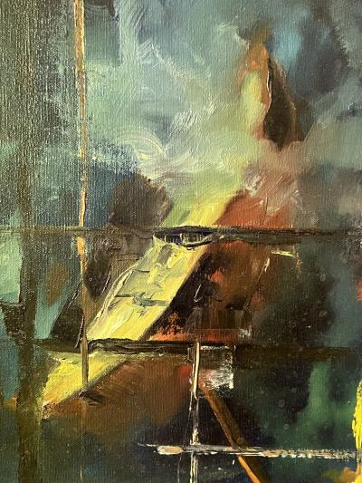 MID CENTURY MODERNIST TITLED GOLDEN EARRING BOAT SLIP PAINTING