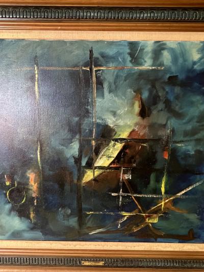 MID CENTURY MODERNIST TITLED GOLDEN EARRING BOAT SLIP PAINTING