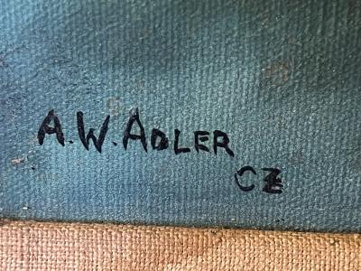 MID CENTURY MODERNIST TITLED GOLDEN EARRING BOAT SLIP PAINTING