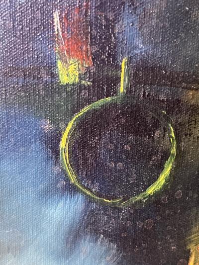 MID CENTURY MODERNIST TITLED GOLDEN EARRING BOAT SLIP PAINTING