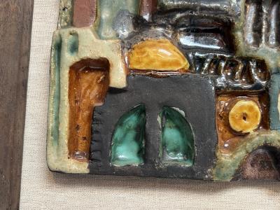 MID CENTURY MULTI COLOR ABSTRACT TERRACOTTA FRAMED PLAQUE