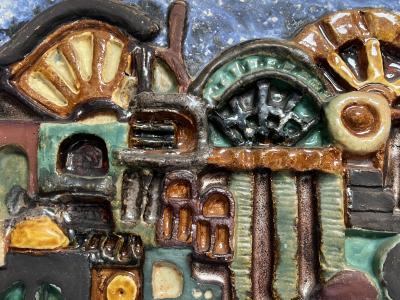 MID CENTURY MULTI COLOR ABSTRACT TERRACOTTA FRAMED PLAQUE