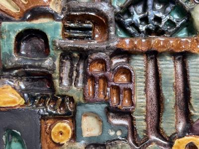 MID CENTURY MULTI COLOR ABSTRACT TERRACOTTA FRAMED PLAQUE