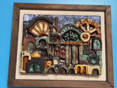 MID CENTURY MULTI COLOR ABSTRACT TERRACOTTA FRAMED PLAQUE