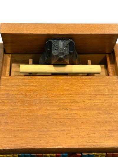 MID CENTURY MUSICAL PAINTED WOOD DOG RETRIEVING CIGARETTE BOXES