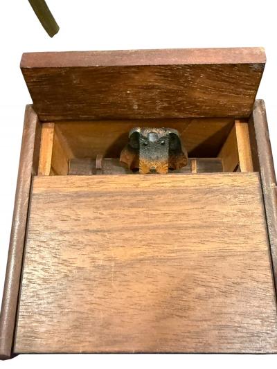 MID CENTURY MUSICAL PAINTED WOOD DOG RETRIEVING CIGARETTE BOXES