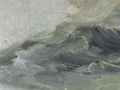 MID CENTURY OCEAN WAVES ON ROCKY COAST PAINTING IN ORIGINAL CUSTOM CERUSED FRAME