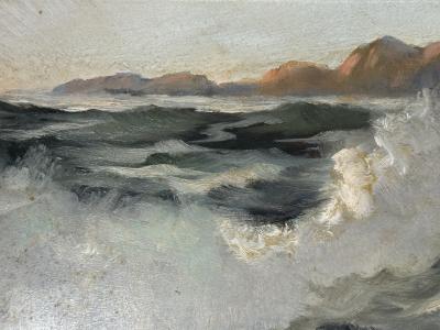 MID CENTURY OCEAN WAVES ON ROCKY COAST PAINTING IN ORIGINAL CUSTOM CERUSED FRAME