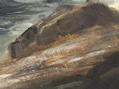 MID CENTURY OCEAN WAVES ON ROCKY COAST PAINTING IN ORIGINAL CUSTOM CERUSED FRAME