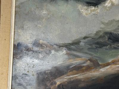 MID CENTURY OCEAN WAVES ON ROCKY COAST PAINTING IN ORIGINAL CUSTOM CERUSED FRAME