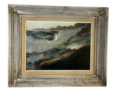 MID CENTURY OCEAN WAVES ON ROCKY COAST PAINTING IN ORIGINAL CUSTOM CERUSED FRAME