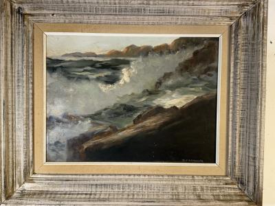 MID CENTURY OCEAN WAVES ON ROCKY COAST PAINTING IN ORIGINAL CUSTOM CERUSED FRAME