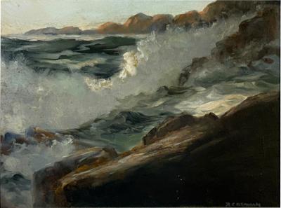 MID CENTURY OCEAN WAVES ON ROCKY COAST PAINTING IN ORIGINAL CUSTOM CERUSED FRAME