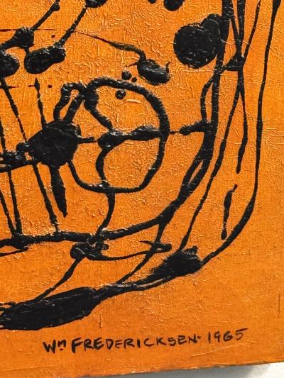 MID CENTURY ORANGE AND BLACK ABSTRACT SPLATTER PAINTING SIGNED