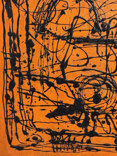 MID CENTURY ORANGE AND BLACK ABSTRACT SPLATTER PAINTING SIGNED