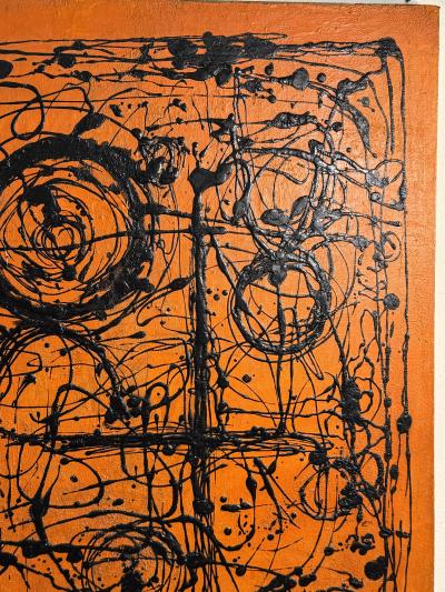 MID CENTURY ORANGE AND BLACK ABSTRACT SPLATTER PAINTING SIGNED