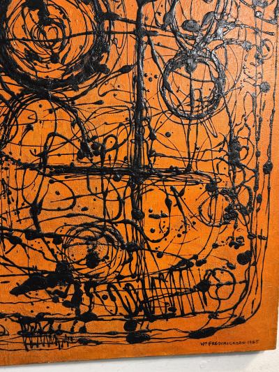 MID CENTURY ORANGE AND BLACK ABSTRACT SPLATTER PAINTING SIGNED