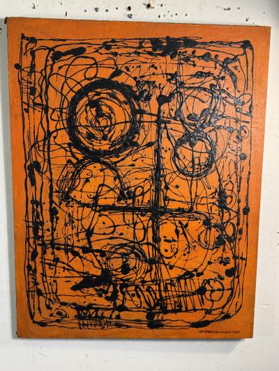 MID CENTURY ORANGE AND BLACK ABSTRACT SPLATTER PAINTING SIGNED