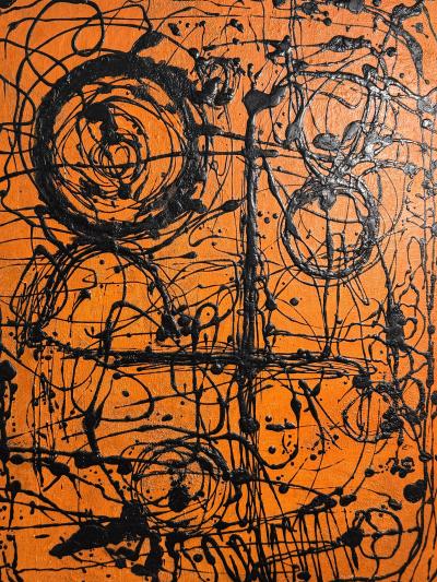 MID CENTURY ORANGE AND BLACK ABSTRACT SPLATTER PAINTING SIGNED
