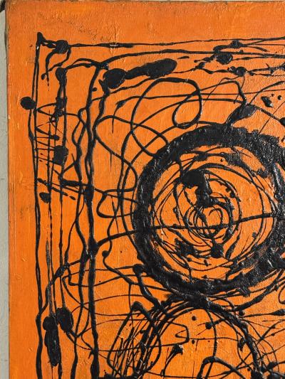 MID CENTURY ORANGE AND BLACK ABSTRACT SPLATTER PAINTING SIGNED
