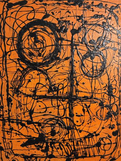 MID CENTURY ORANGE AND BLACK ABSTRACT SPLATTER PAINTING SIGNED