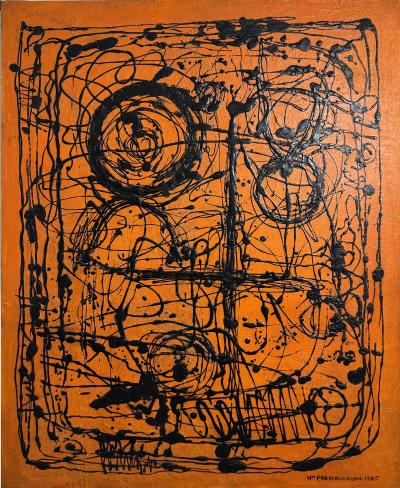 MID CENTURY ORANGE AND BLACK ABSTRACT SPLATTER PAINTING SIGNED